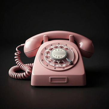 A vintage pink rotary dial telephone on a black background.