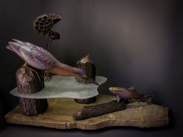 Green Heron and Trout Sculpture