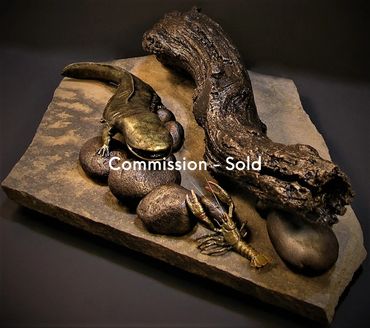 Hellbender Salamander and Crayfish Wildlife Sculpture