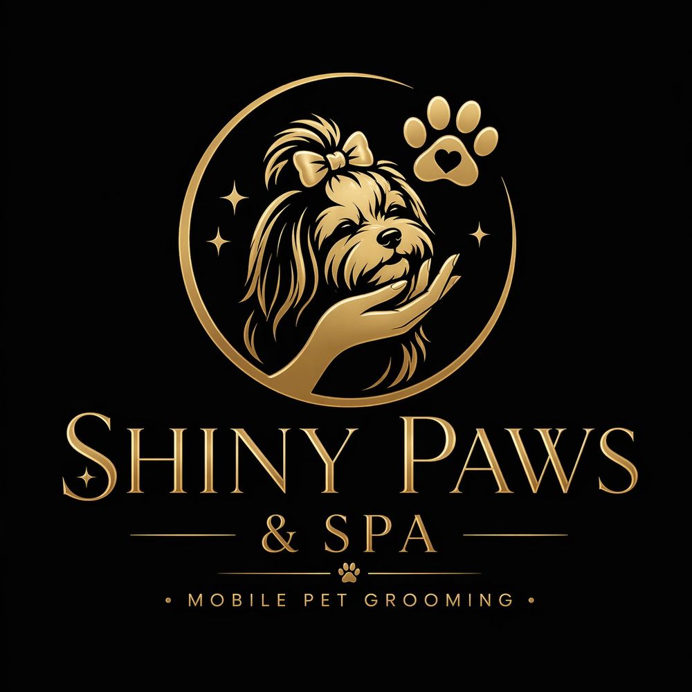 Elegant gold logo of Shiny Paws & Spa for mobile pet grooming.