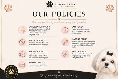 Shiny Paws & Spa grooming policies with pet care guidelines and fees.