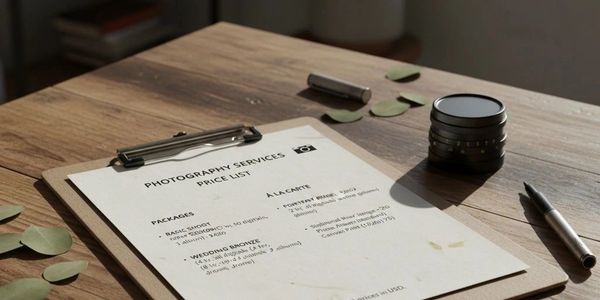 A photography services price list on a clipboard with a camera lens and pen nearby.