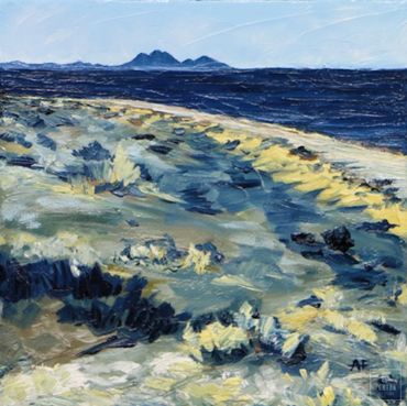 Oil painting of landscape near ocean with mountain in distance