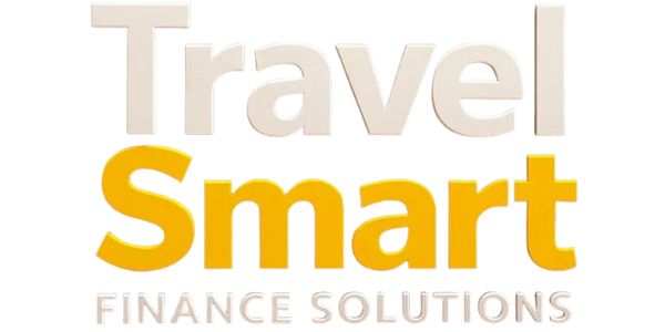 Logo for Travel Smart Finance Solutions with bold white and yellow text on black.