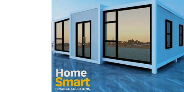 Modern modular homes with large windows and the text 'Home Smart Finance Solutions'.