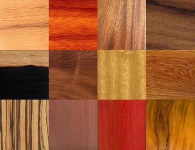 Variety of wood types: iroko, mahogany, sapele, blackwood, stinkwood, rosewood, zebrawood, teak, etc.