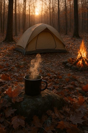 A steaming cup in front of a tent and campfire at sunset in a forest.