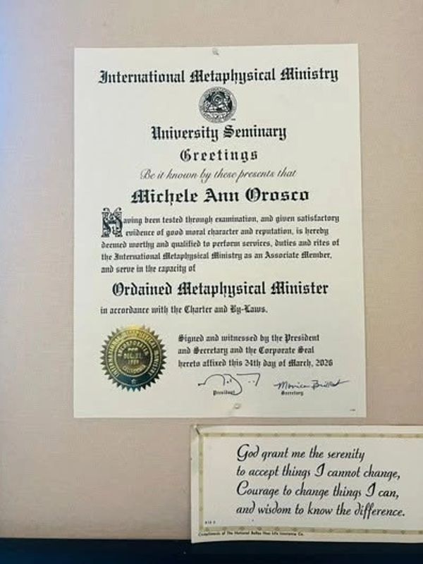 Certificate for Michele Ann Orosco as Ordained Metaphysical Minister.