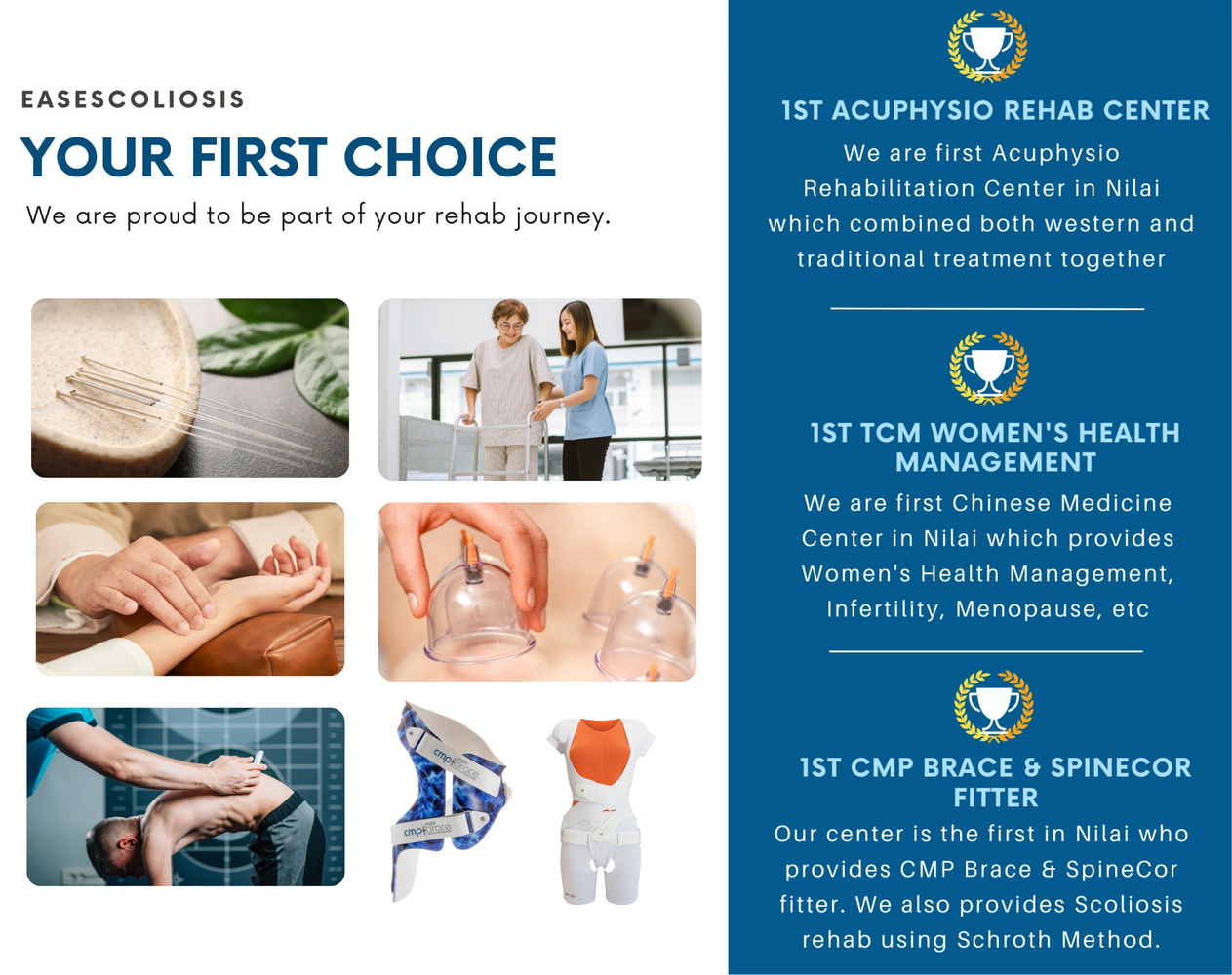 Scoliosis rehab choices featuring acupuncture, physiotherapy, cupping, and braces.