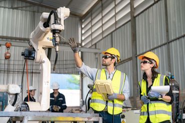 Two workers in a manufacturing building
