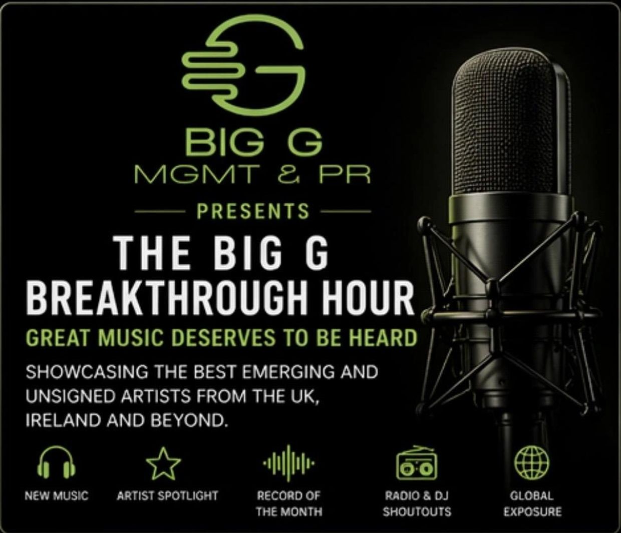 Promotional poster for The Big G Breakthrough Hour music showcase.