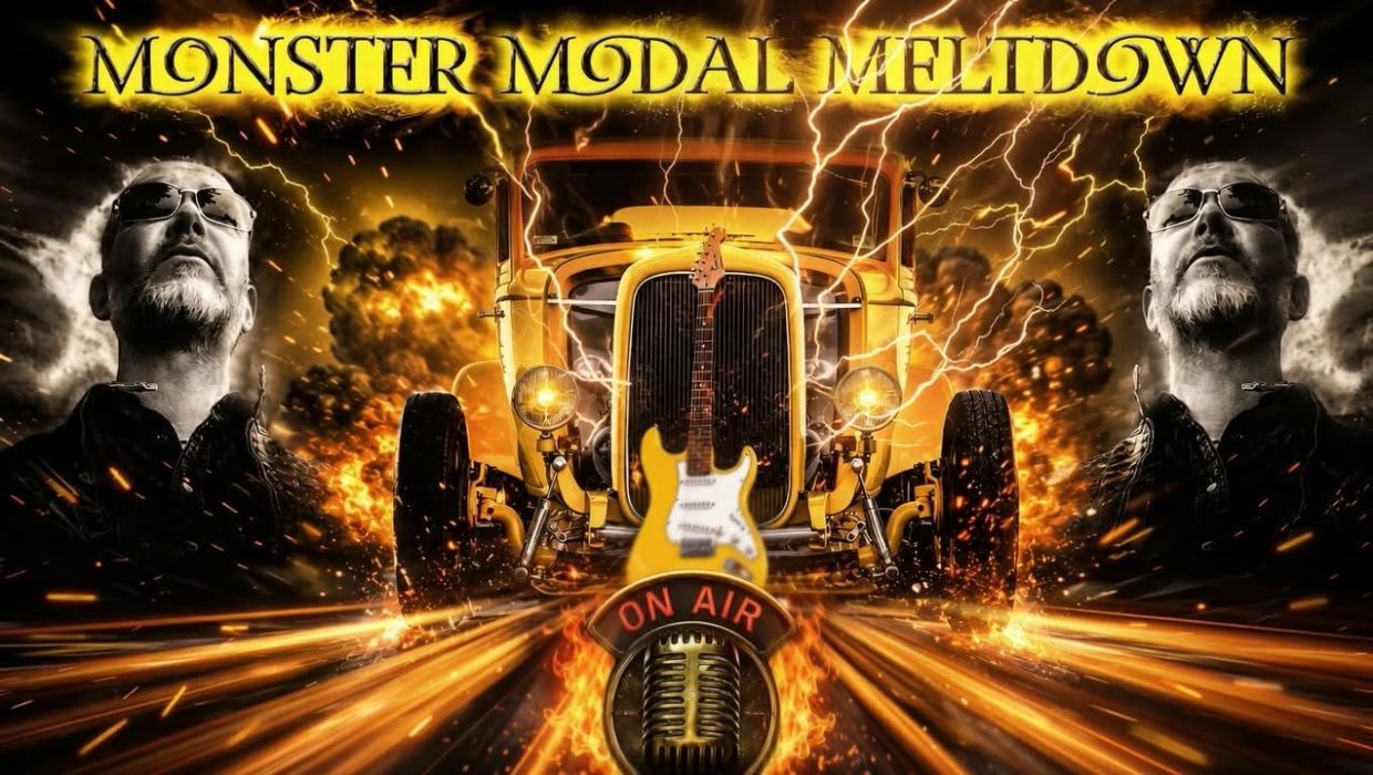 Chaos and rock energy blending behind a vintage car and electric guitar.