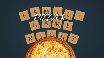 Scrabble tiles spell out 'Family Game Night' above a cheesy pizza.