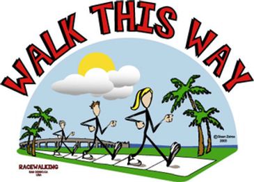 Cartoon people walking with a sign saying 'WALK THIS WAY'.