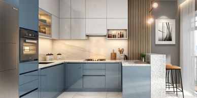 Modern kitchen with blue and white cabinetry.