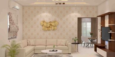 Modern living room with beige sofa and gold wall art.