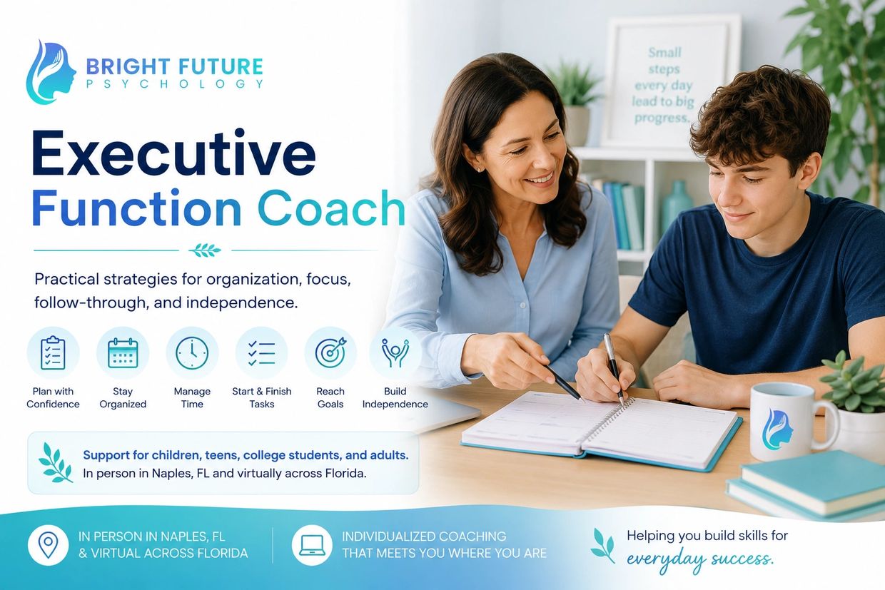 Executive function coaching for organization, focus, and independence.