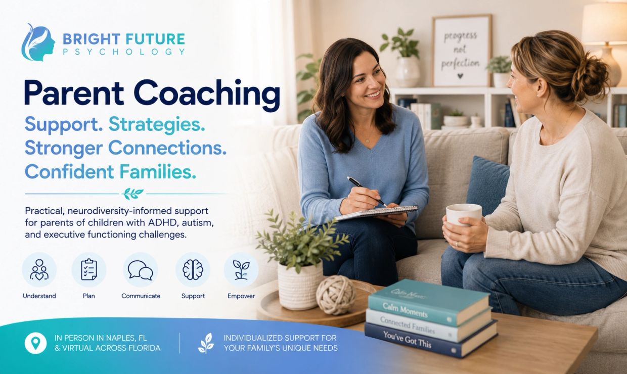 Parent coaching session between two adults in a warm, comfortable setting, representing neurodiversi