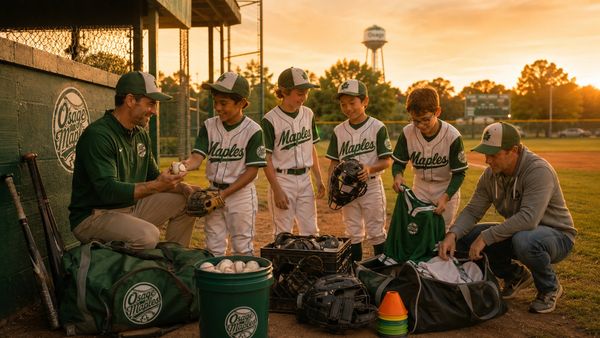 Youth baseball team members gather with their coaches at sunset.