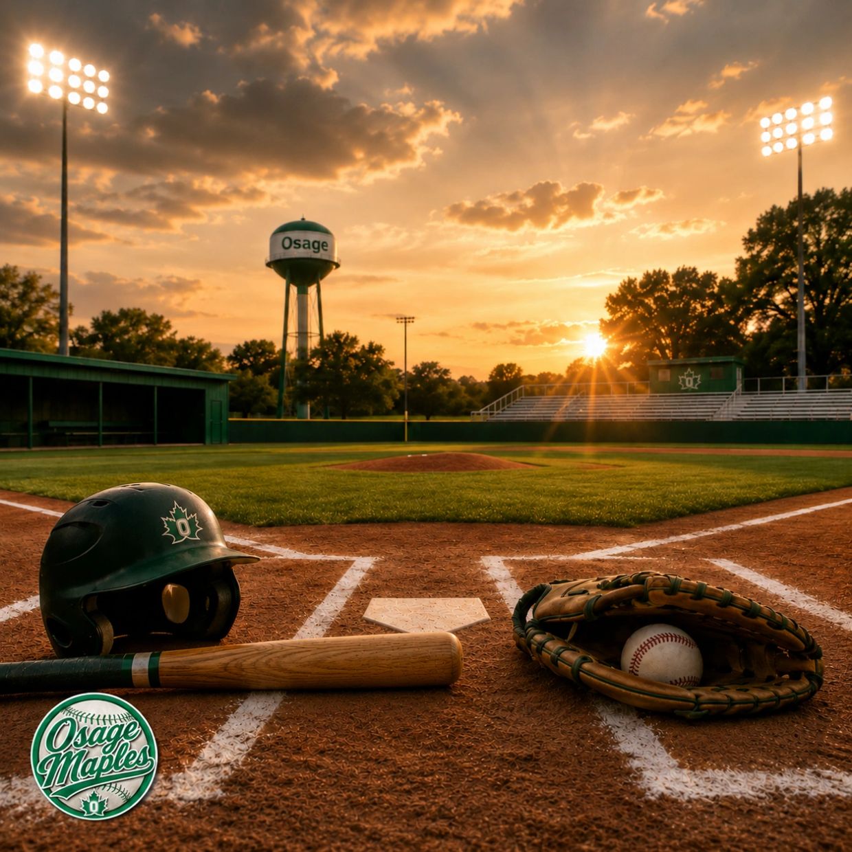 Baseball gear on field at sunset in Osage.