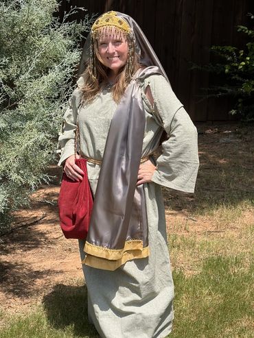 Roman Lady costume - olive linen and satin with gold trim and burgundy bag.