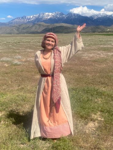 Biblical/Hebrew woman in costume, on site for filming "The Chosen", season six