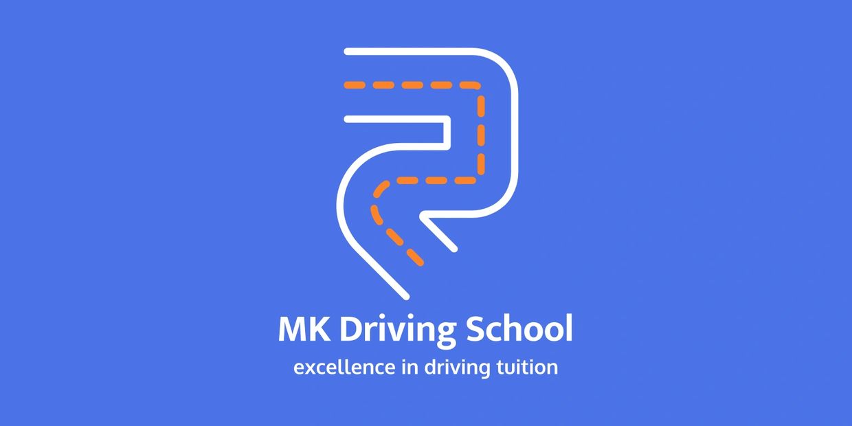 Logo of MK Driving School with a stylized road and text on blue background.