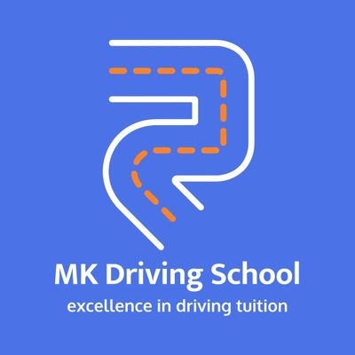 Logo of MK Driving School with a stylized road design on blue background.