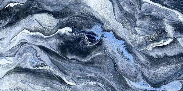 Abstract fluid art with swirling blue and gray tones.