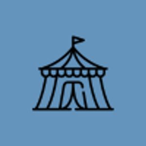 An icon of a tent in black color and a blue background