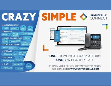 Advertisement for Univerge Blue Connect: Crazy Simple. One communications platform for one low month