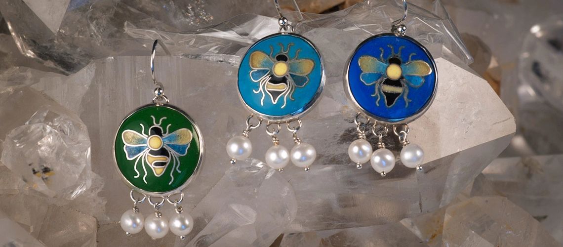 Bee earrings in various color options. Fine silver and vitreous enamel cloisonné in sterling silver 