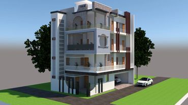 Modern three-story house with balconies and parked white cars.