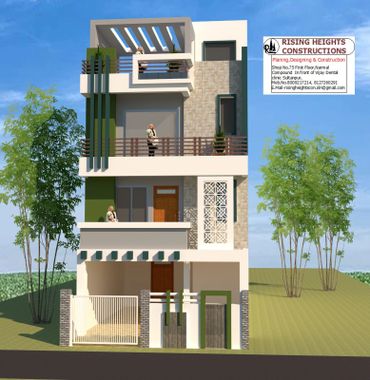 Modern three-story house design with green and white accents, balconies, and decorative elements.