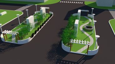 Two landscaped traffic islands with greenery and pathways at an intersection.