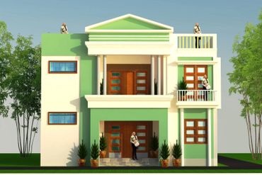 Modern two-story green and white house with wooden doors and potted plants.