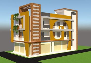 Modern three-story building with yellow and wood accents and greenery.