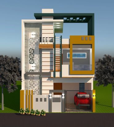 Modern two-story house with geometric design and a red car in the driveway.