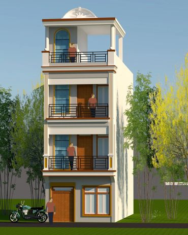 Four-story modern house with balconies and a person on each floor.