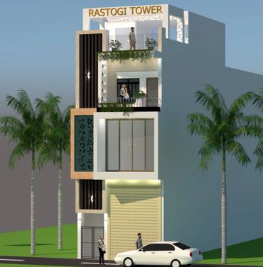 Modern three-story building named Rastogi Tower with people and a car outside.
