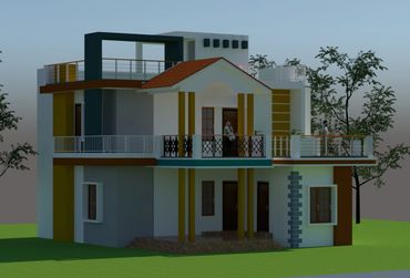 Modern two-story house with balconies and greenery around it.