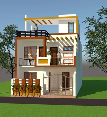 Modern two-story house with balconies and a rooftop terrace, featuring people standing outside.