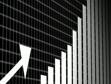 White bar graph with upward arrow showing growth on black grid background.