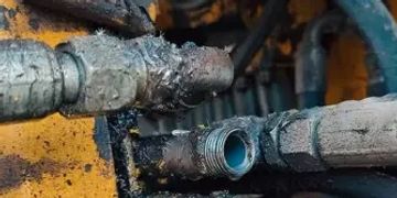 Close-up of worn hydraulic hoses and fittings on machinery.
