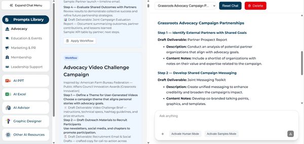 Screenshot of an AI interface with advocacy campaign planning options and steps.
