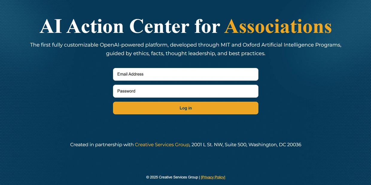 Login page for AI Action Center tailored to associations, powered by OpenAI and developed with MIT and Oxford.