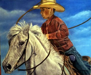 Learning how to rope. Youth and cattle with a horse.