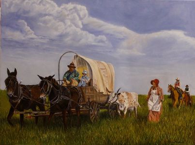 Western frontier settler travels by wagon.