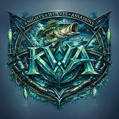Emblem featuring a fish, fishing rods, and 'Knights Wolves Assassins' text.
