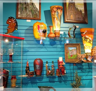 Assorted hand crafted items at Purple Pelican Gallery.